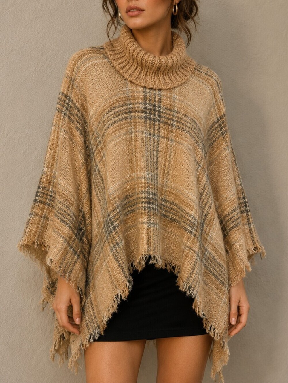 HARVE BERNARD Plaid Cowl Neck Knit Poncho